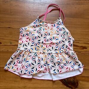 Pink Chicken white colorful geometric strap peplum swim top SIZE 10